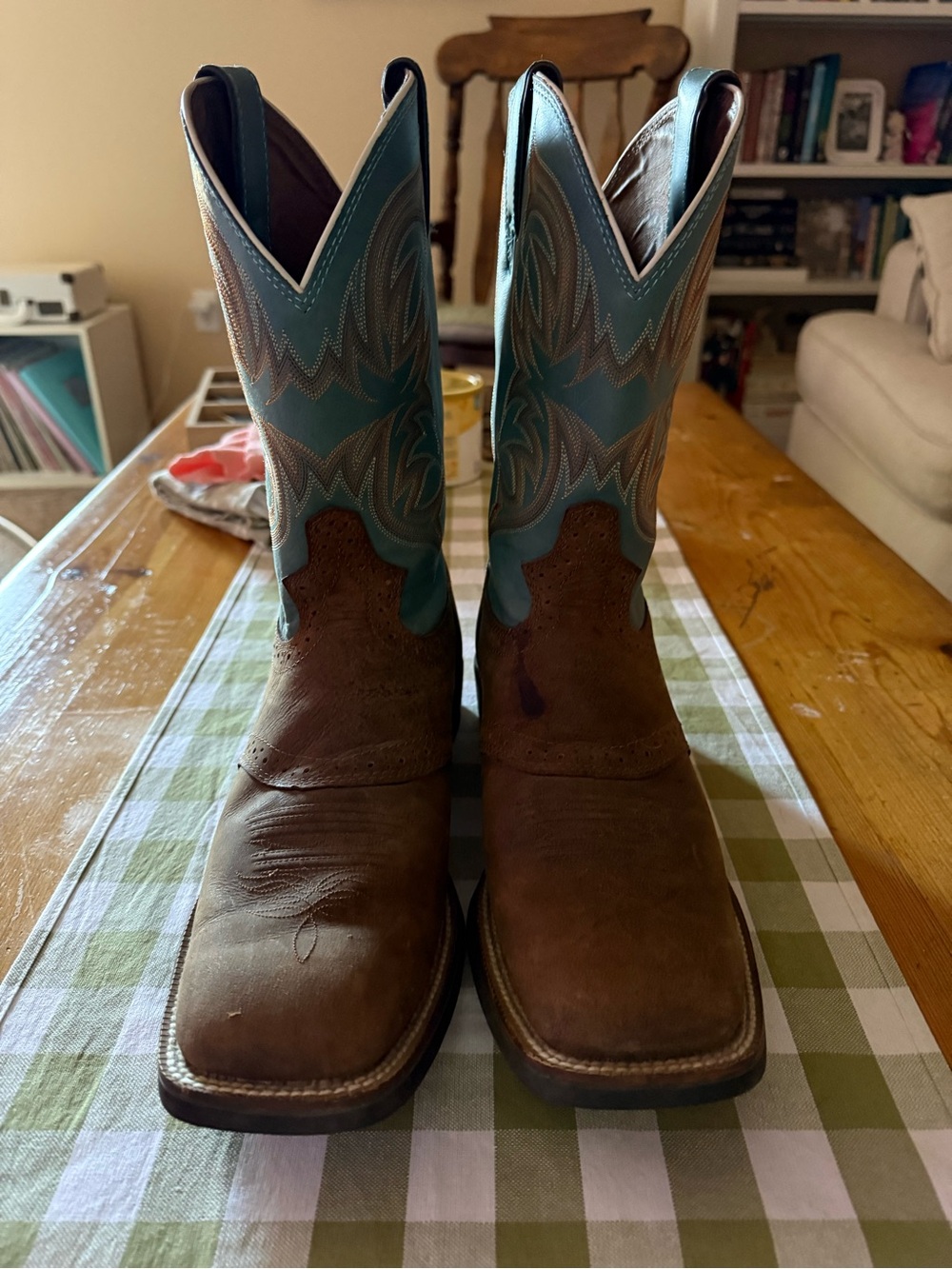 Justin Boots Brown Leather Cowboy Boots with Teal Trim
